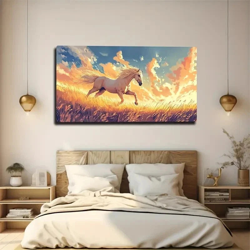Galloping Horse In Golden Wheat Wall Art Canvas Office Home Room Framed 120x60cm