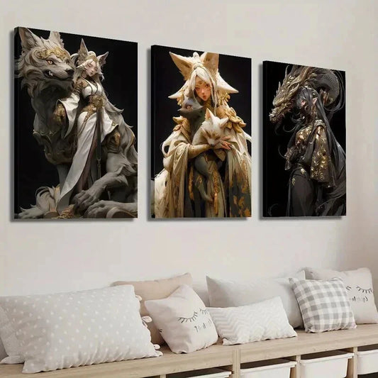 3pcs Anime Fantasy Golden Female Characters Wall Art Set Canvas Framed 40x60cm - High Quality Print 100% Australian Made Wall Canvas Ready to Hang