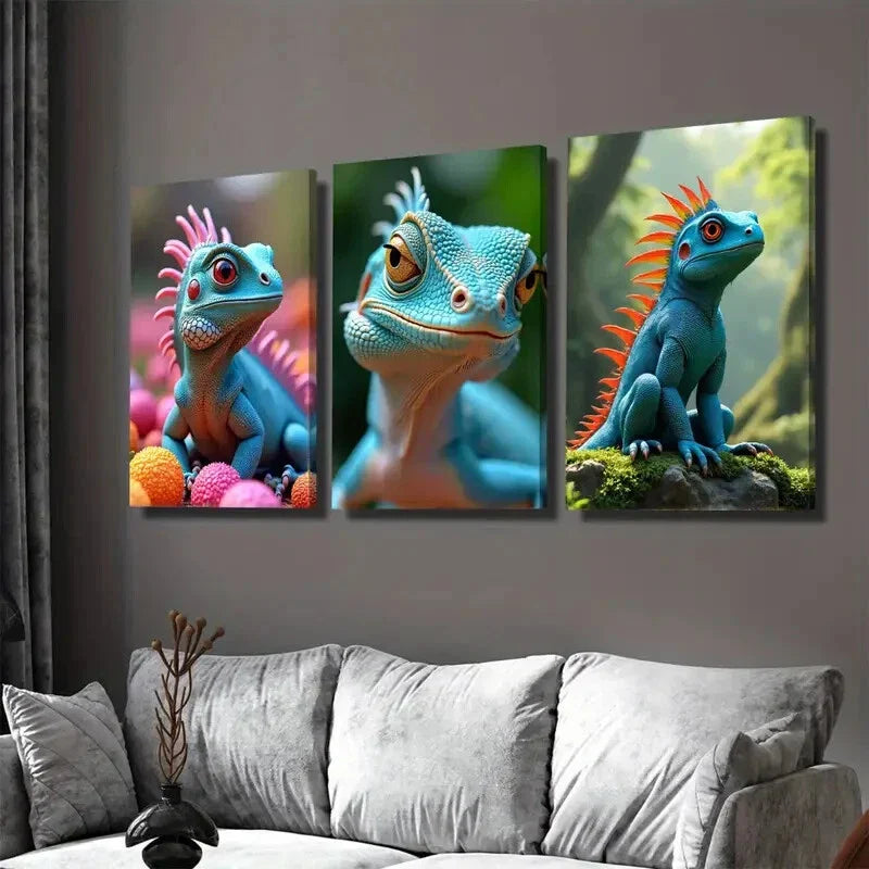 3pcs Vibrant Lizard Triptych Colorful Reptile Wall Art Set Canvas Framed 40x60cm - High Quality Print 100% Australian Made Wall Canvas Ready to Hang