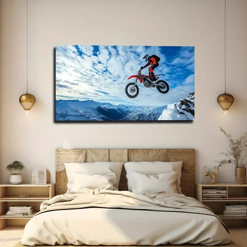 Dramatic Motorcycle Jump Wall Art Canvas Office Home Room Framed 120x60cm