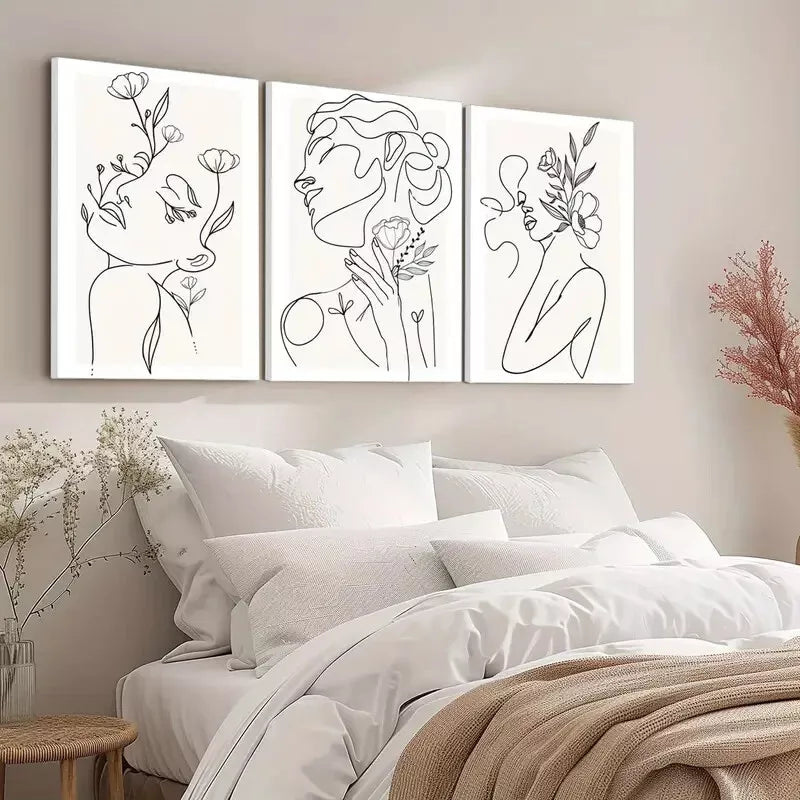 3pcs Minimalist Woman Flower Line Canvas Framed 40x60cm - High Quality Print 100% Australian Made Wall Canvas Ready to Hang