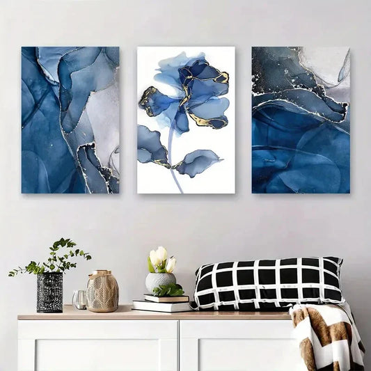 3pcs Abstract Blue and Golden Floral Ink Metal Print Ready to Hang Art