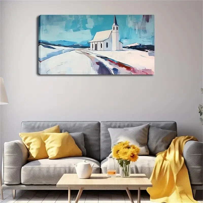 Snowy Landscape White Church Wall Art Canvas Office Home Room Framed 120x60cm