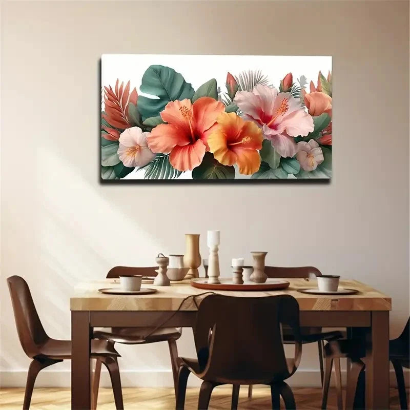 Pink Orange Flowers Leaves Wall Art Canvas Office Home Room Framed 80x45cm