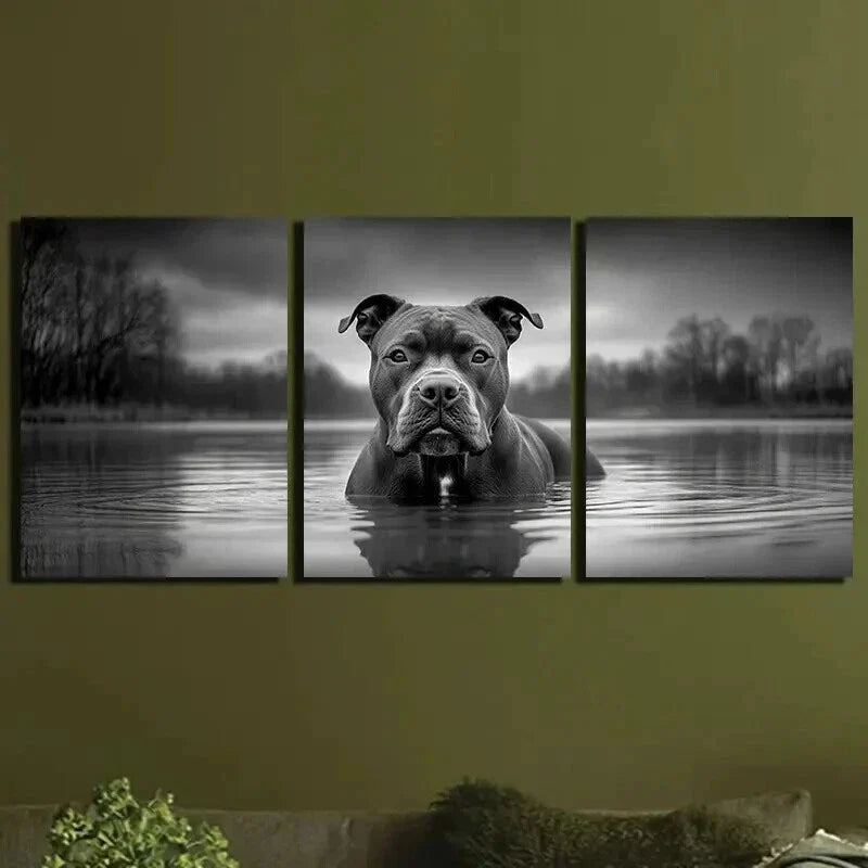 3pcs Abstract Black Dog in River Water Wall Art Set Canvas Framed 40x60cm - High Quality Print 100% Australian Made Wall Canvas Ready to Hang