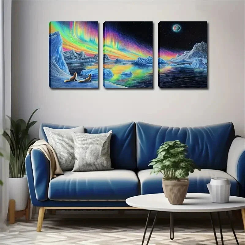 3pcs Two Foxes Sitting On Ice In Vivid Style Wall Art Set Canvas Framed 40x60cm - High Quality Print 100% Australian Made Wall Canvas Ready to Hang