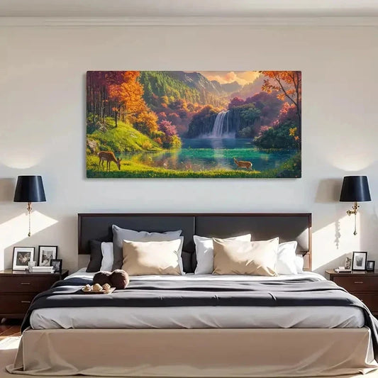 Waterfall & Deer Spring Winter Wall Art Canvas Office Home Room Framed 120x60cm