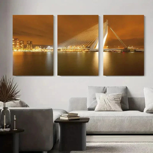 3pcs Rotterdam City Night Bridge Skyline Metal Print Ready to Hang Art