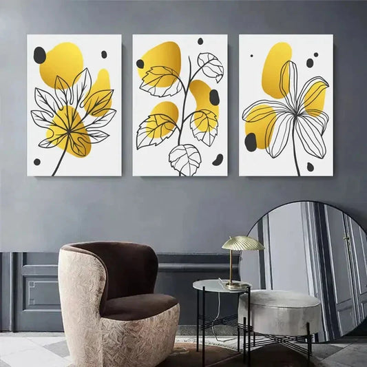 3pcs Minimalist Line Art with Yellow and Black Metal Print Ready to Hang Art