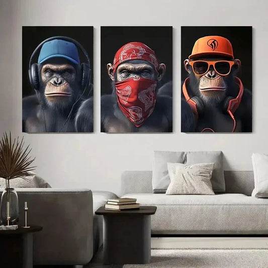 3pcs Stylish Monkeys with Headphones Metal Print Ready to Hang Art