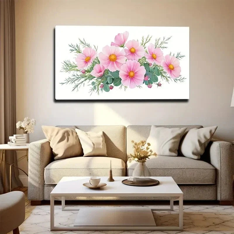 Pink Flowers & Green Leaves Wall Art Canvas Office Home Room Framed 120x60cm