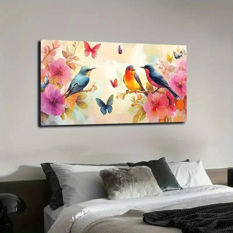 Vibrant Three Birds Perched Wall Art Canvas Office Home Room Framed 120x60cm