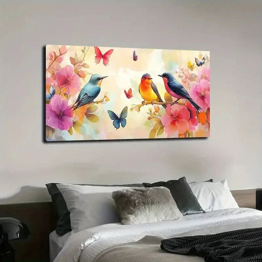 Vibrant Three Birds Perched Wall Art Canvas Office Home Room Framed 120x60cm