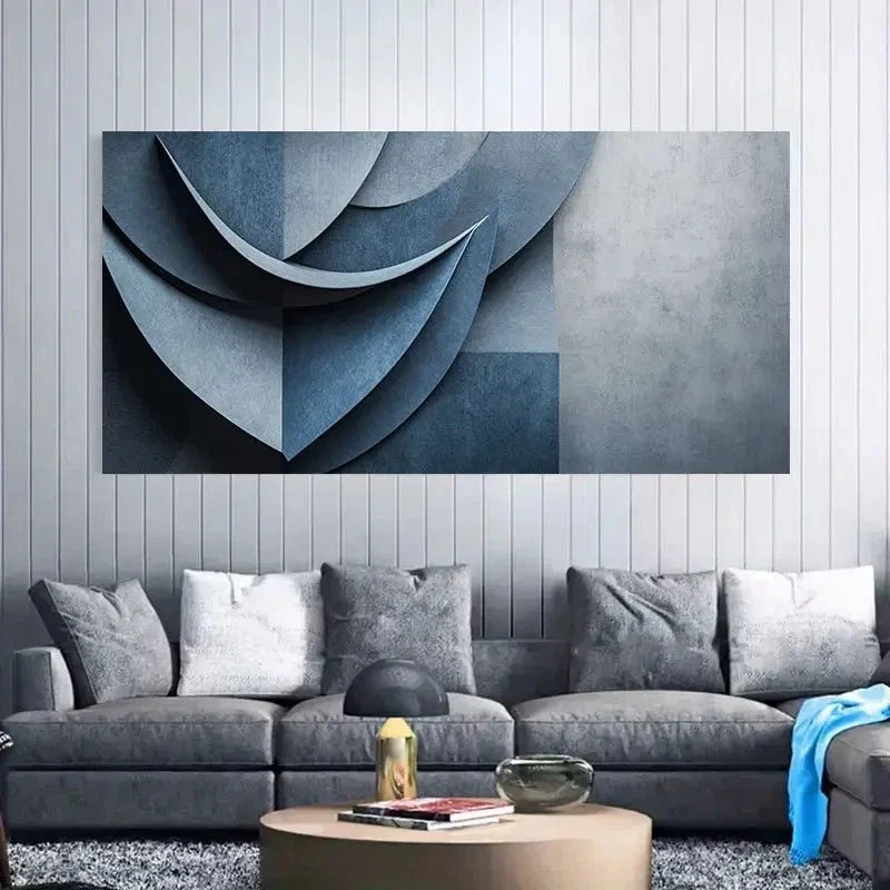 Blue & Gray Abstract Minimalist Wall Art Canvas Office Home Room Framed 120x60cm