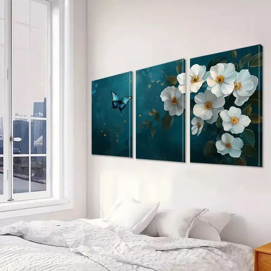 3pcs  Modern Classic Blue Leaves Abstract Wall Art Set Canvas Framed 40x60cm - High Quality Print 100% Australian Made Wall Canvas Ready to Hang