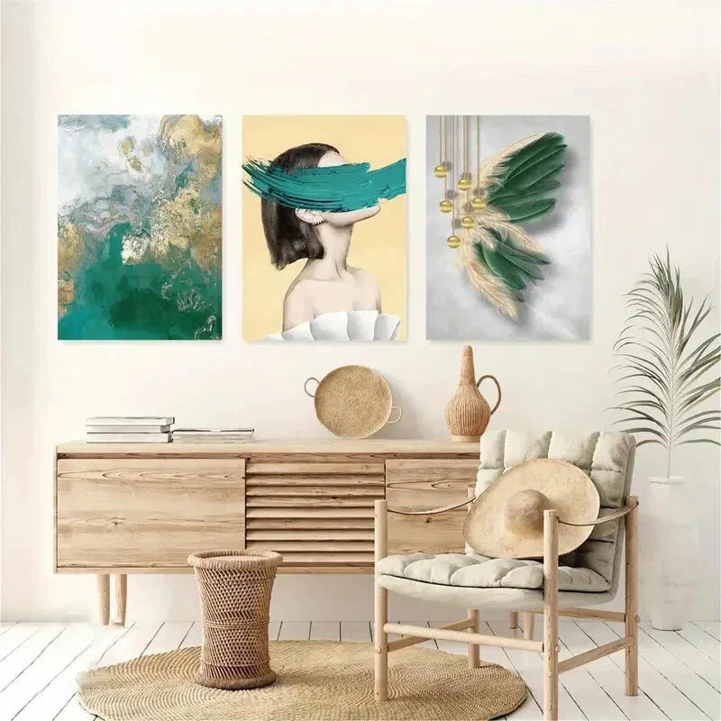 3pcs Abstract Feather Woman Metal Print Ready to Hang Art