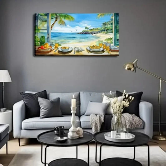 Seaside Holiday And Food Wall Art Canvas Office Home Room Framed 80x45cm