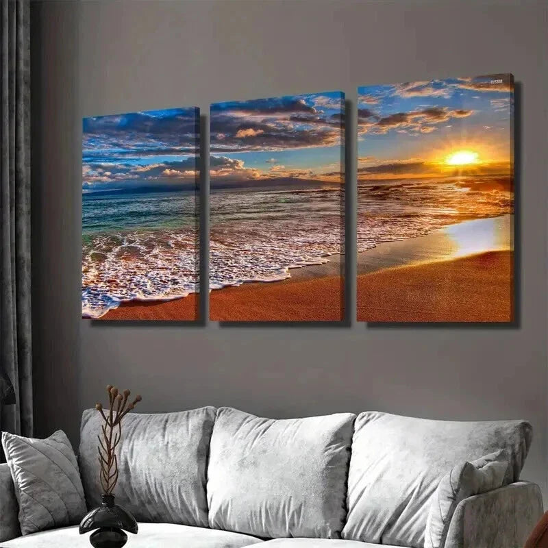 3pcs Beach Sunset Ocean with Sandy Shore Wall Art Set Canvas Framed 40x60cm - High Quality Print 100% Australian Made Wall Canvas Ready to Hang