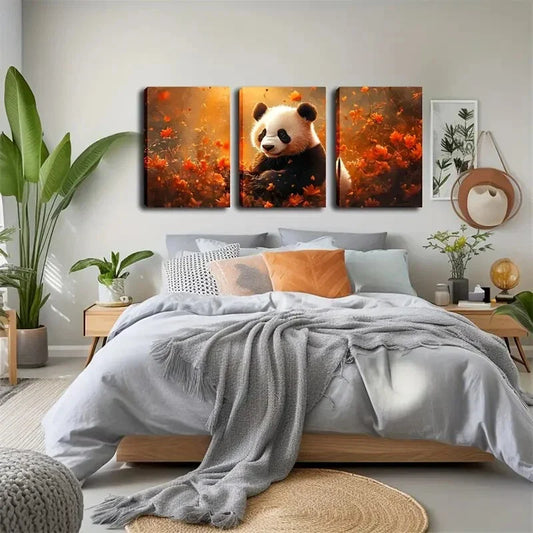 3pcs Vibrant Autumn Landscape, Panda & Floral  Wall Art Set Canvas Framed 40x60cm - High Quality Print 100% Australian Made Wall Canvas Ready to Hang