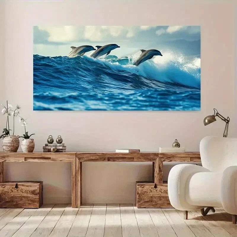 Vibrant Ocean Dolphins Playful Wall Art Canvas Office Home Room Framed 80x45cm