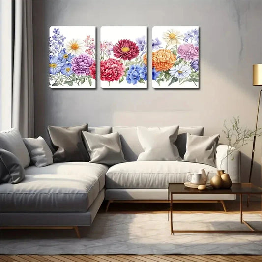 3pcs Colored Chrysanthemums White Perfect Wall Art Set Canvas Framed 40x60cm - High Quality Print 100% Australian Made Wall Canvas Ready to Hang