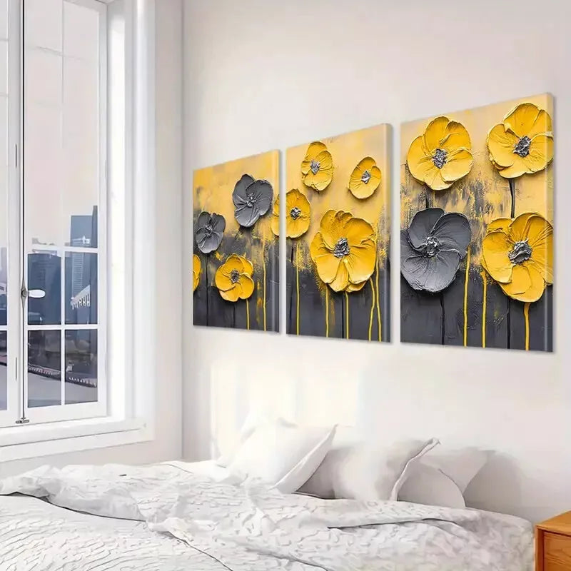 3pcs Abstract Modern Decorative Yellow Flowers Wall Art Set Canvas Framed 40x60cm - High Quality Print 100% Australian Made Wall Canvas Ready to Hang