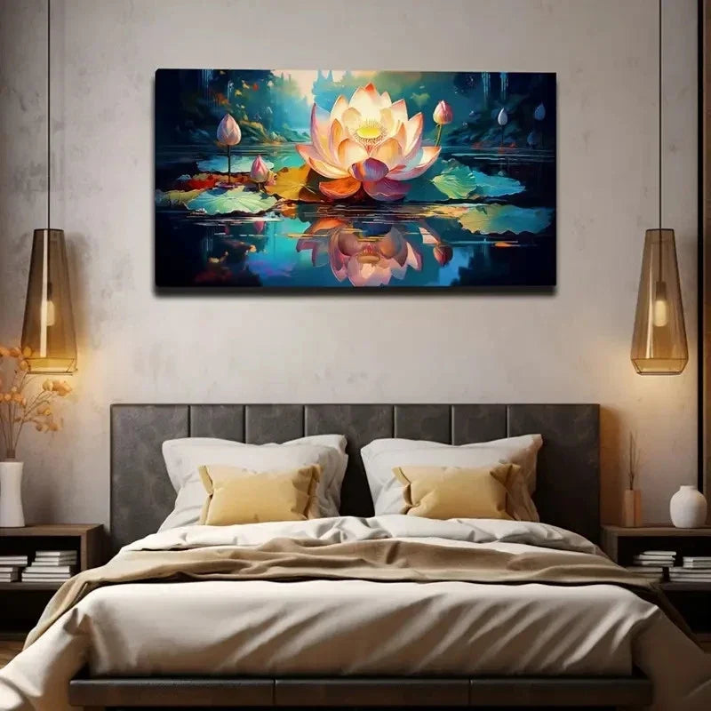 Vibrant Lotus Flower Wall Art Canvas Office Home Room Framed 80x45cm