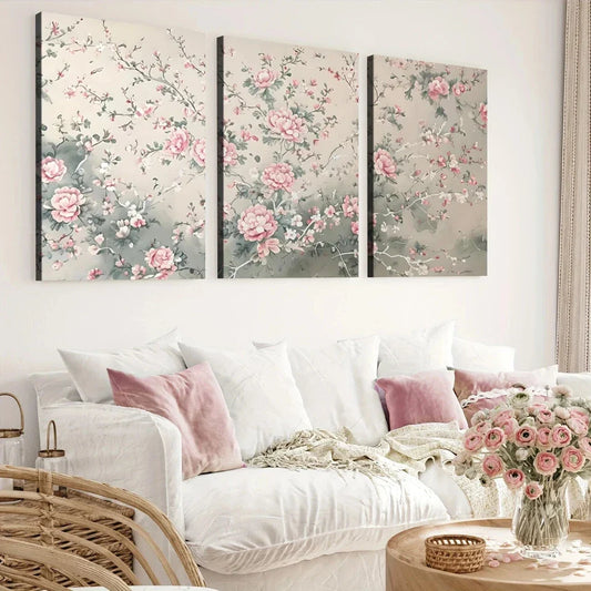 3pcs Sage Green Chinoiserie Art Rose Florals Wall Art Set Canvas Framed 40x60cm - High Quality Print 100% Australian Made Wall Canvas Ready to Hang