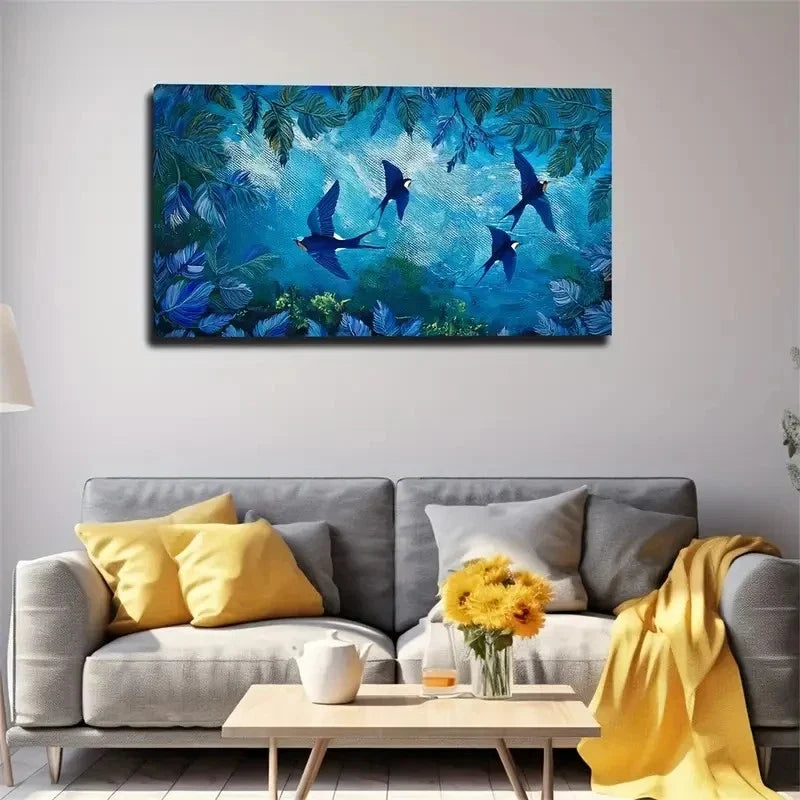Swallows Flight Vibrant Jungle Wall Art Canvas Office Home Room Framed 120x60cm