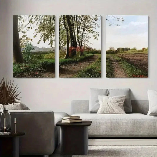 3pcs Tranquil Dirt Road with Trees & Wildflowers Metal Print Ready to Hang Art