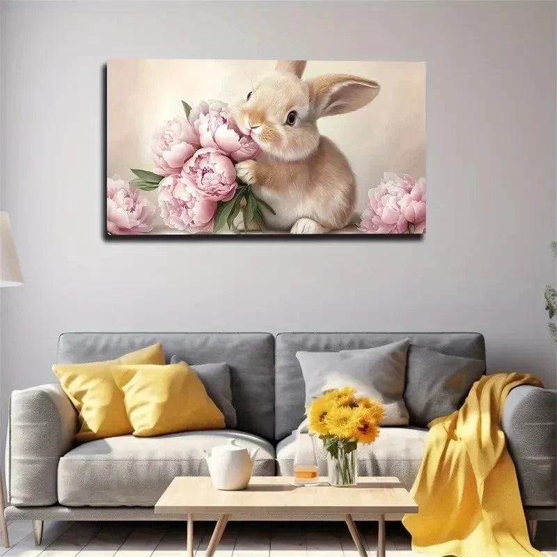 Rabbit Holding Pink Peonies Wall Art Canvas Office Home Room Framed 120x60cm