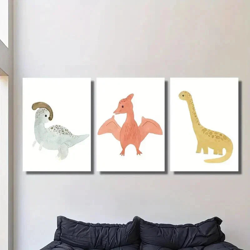3pcs Cute Cartoon Dinosaurs Decoration Wall Art Set Canvas Framed 40x60cm - High Quality Print 100% Australian Made Wall Canvas Ready to Hang