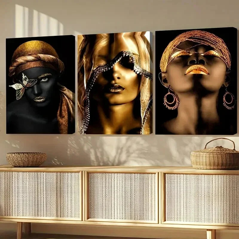 3pcs Black African American Woman Black and Golden Wall Art Set Canvas Framed 40x60cm - High Quality Print 100% Australian Made Wall Canvas Ready to Hang