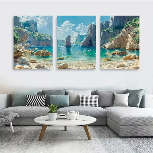 3pcs Serene Beach And Cliff Canvas Framed 40x60cm - High Quality Print 100% Australian Made Wall Canvas Ready to Hang
