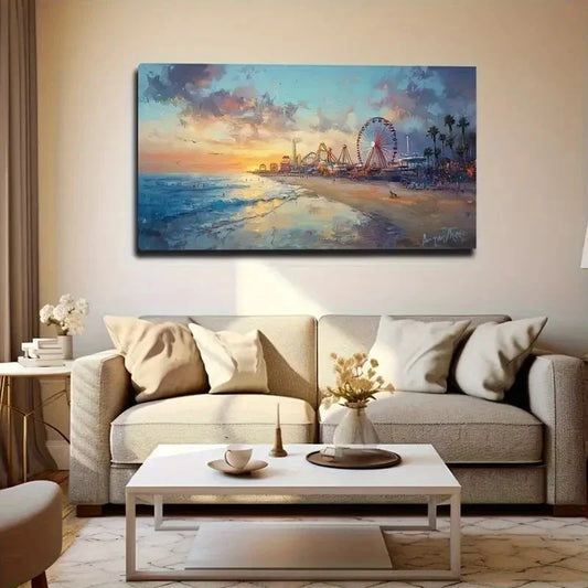Vibrant Beach Scene Modern Wall Art Canvas Office Home Room Framed 80x45cm