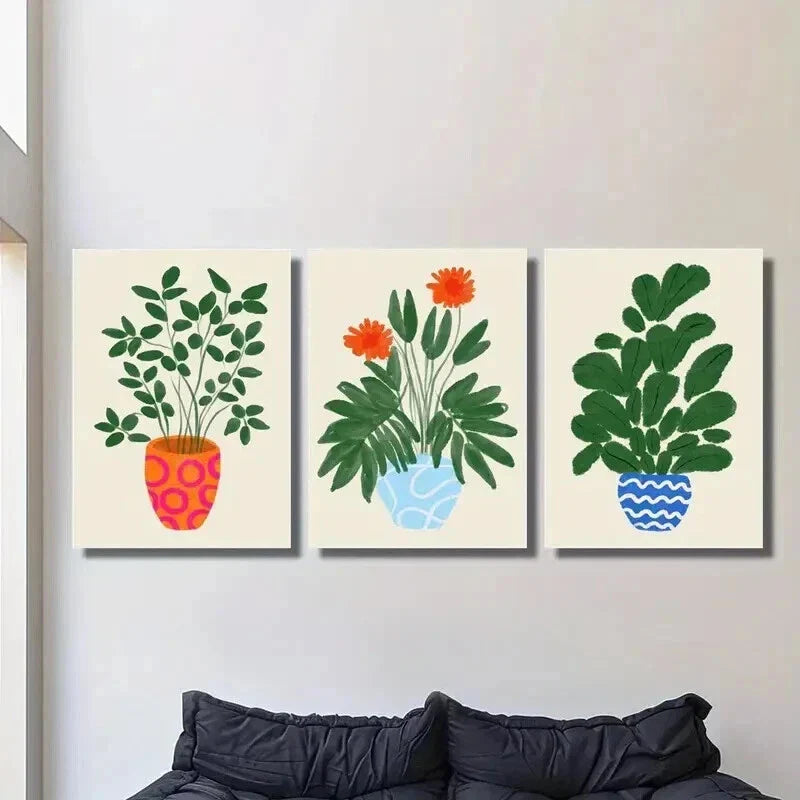 3pcs Tropical Plant Illustrations in Pots Wall Art Set Canvas Framed 40x60cm - High Quality Print 100% Australian Made Wall Canvas Ready to Hang