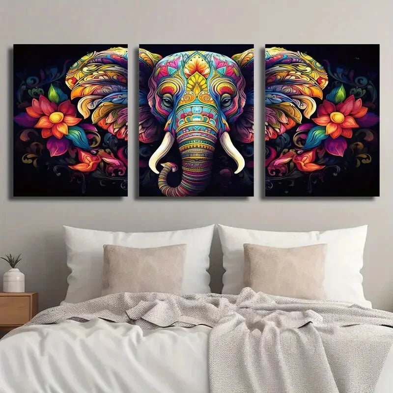 3pcs Colorful Elephant & Floral Wall Art Set Canvas Framed 40x60cm - High Quality Print 100% Australian Made Wall Canvas Ready to Hang