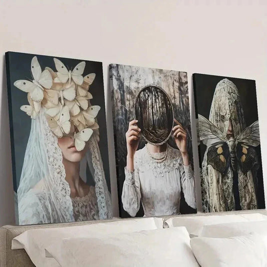 3pcs Illustrations of Women and Insects Wall Art Set Canvas Framed 40x60cm - High Quality Print 100% Australian Made Wall Canvas Ready to Hang