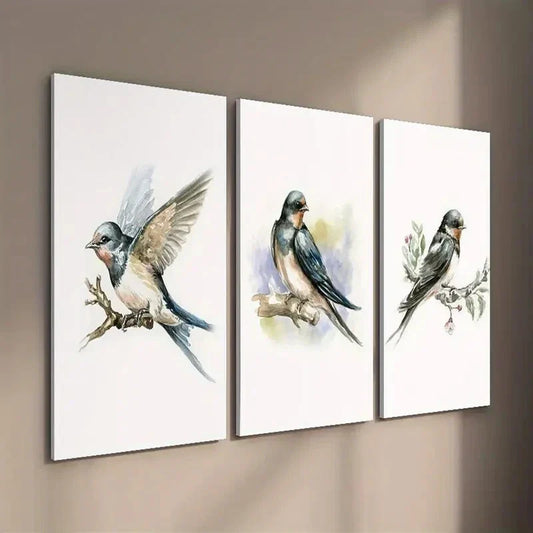 3pcs Bird Illustration on Tree Branch Wall Art Set Canvas Framed 40x60cm - High Quality Print 100% Australian Made Wall Canvas Ready to Hang