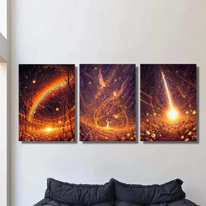 3pcs Fantasy Golden Rainbow Golden Fairy Wall Art Set Canvas Framed 40x60cm - High Quality Print 100% Australian Made Wall Canvas Ready to Hang