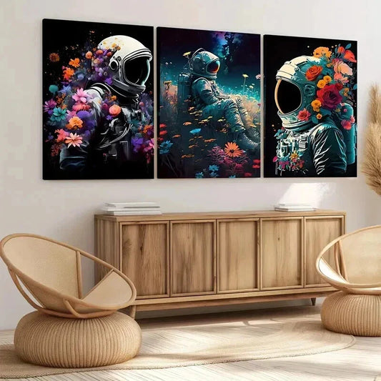3pcs Vintage Floral Astronaut Colourful Space Wall Art Set Canvas Framed 40x60cm - High Quality Print 100% Australian Made Wall Canvas Ready to Hang