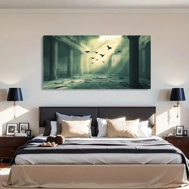 Mysterious Ruins Birds Dark Wall Art Canvas Office Home Room Framed 120x60cm