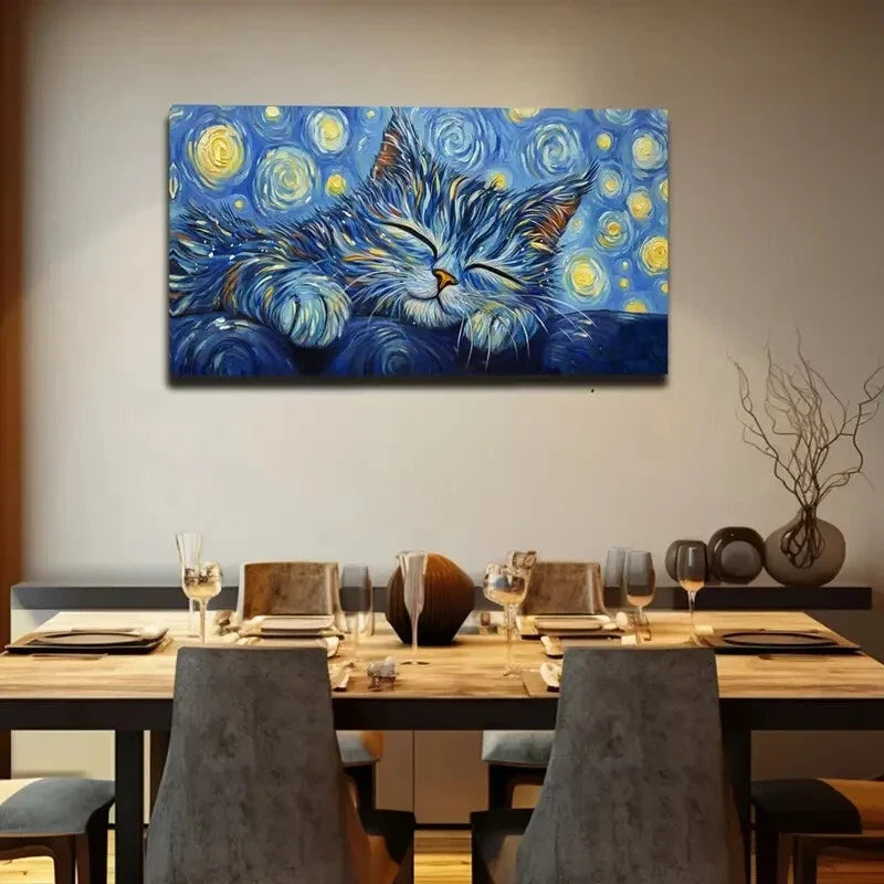 Sleeping Cat With Vibrant Blue Wall Art Canvas Office Home Room Framed 120x60cm