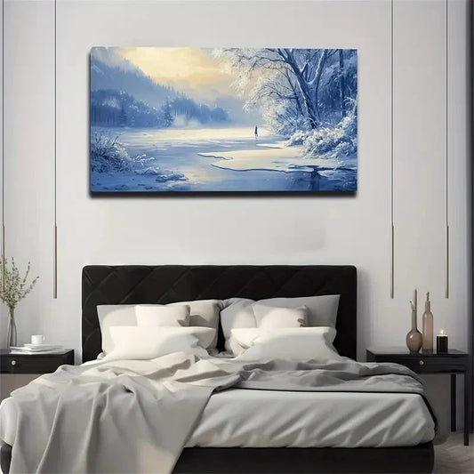 Winter River Serene Snowy Wall Art Canvas Office Home Room Framed 80x45cm