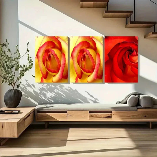 3pcs Blossoming Floral Vibrant Red & Yellow Roses Metal Print Ready to Hang Art
