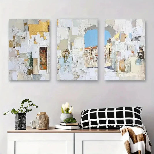 3pcs Abstract Architectural Golden Accents Metal Print Ready to Hang Art
