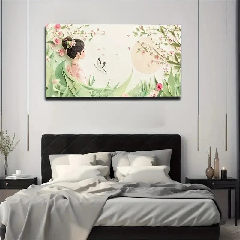 Traditional Woman Floral Hair Wall Art Canvas Office Home Room Framed 120x60cm