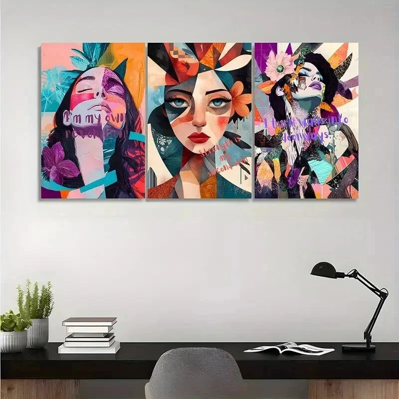 3pcs Abstract Geometric Woman Portrait Wall Art Set Canvas Framed 40x60cm - High Quality Print 100% Australian Made Wall Canvas Ready to Hang