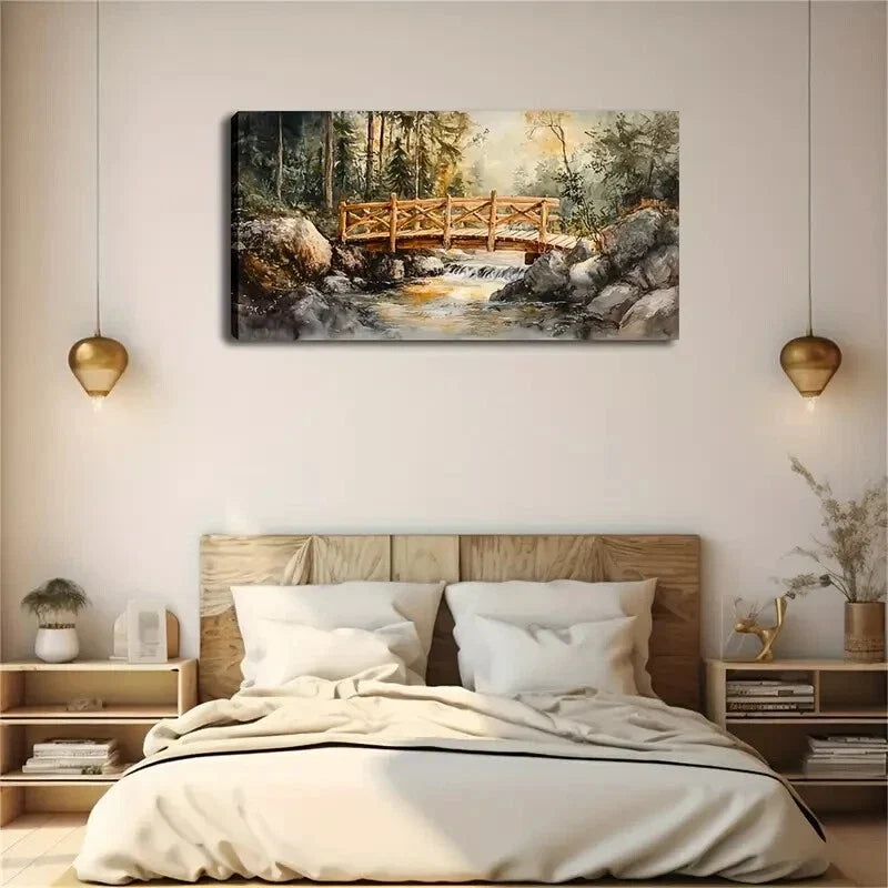 Retro Forest Wooden Bridge Wall Art Canvas Office Home Room Framed 120x60cm