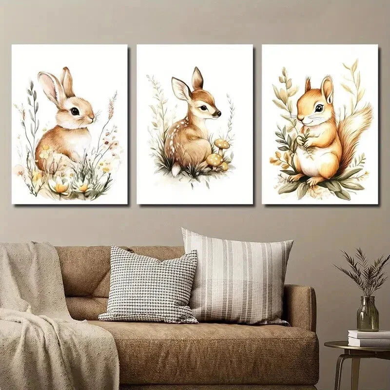 3pcs Rabbit in Flowers Deer And Squirrel Wall Art Set Canvas Framed 40x60cm - High Quality Print 100% Australian Made Wall Canvas Ready to Hang
